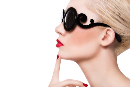 19501844 - beautiful blonde girl in sunglasses with red lips on white background