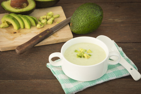 50003063 - cream avocado soup with fresh avocado, healthy dietary.