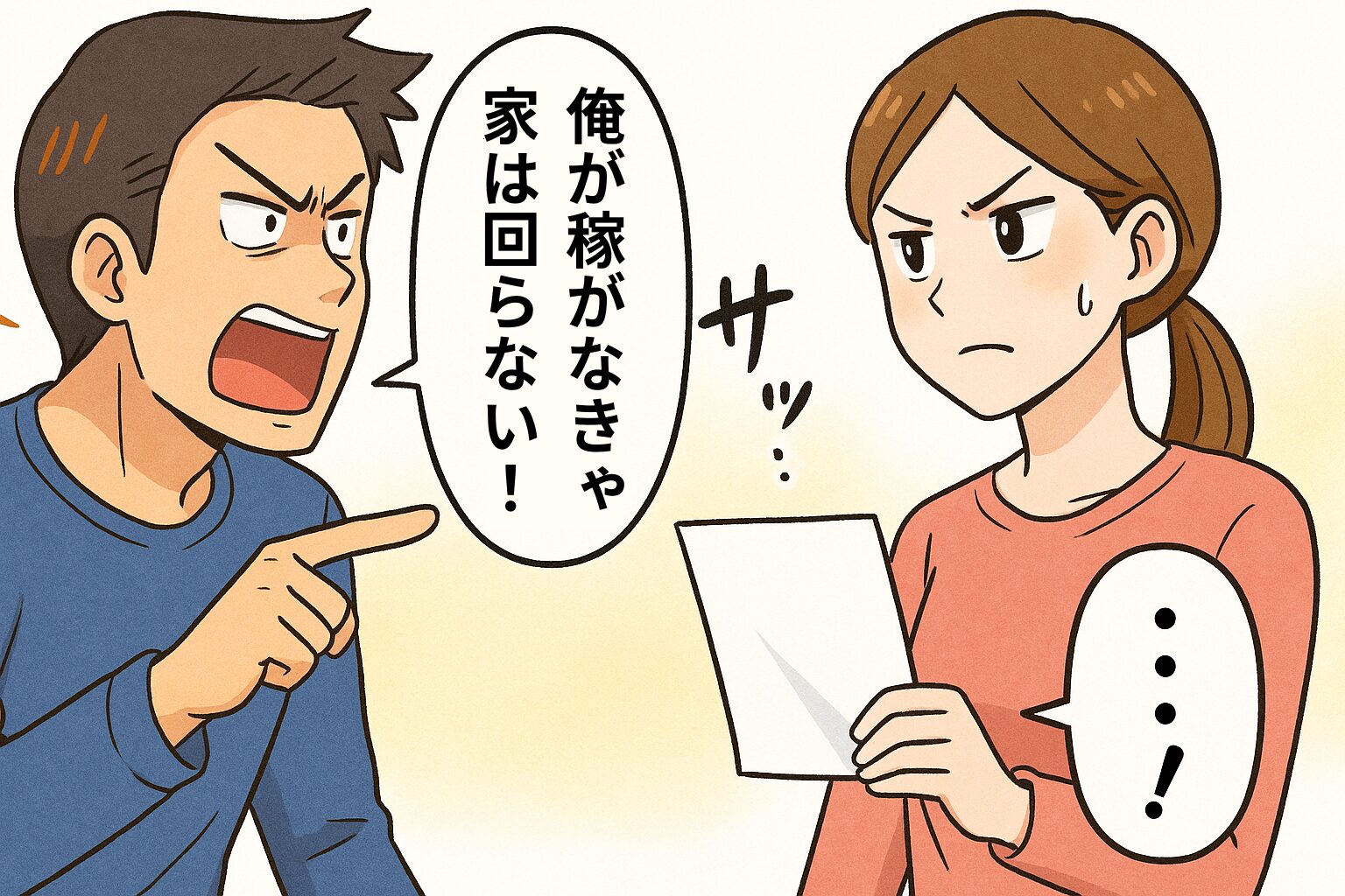「俺が稼がなきゃ家は回らない！」妻を罵倒するモラ夫だが⇒『サッ…』冷静な妻が“1枚の紙”を出した途端、真っ赤に！？