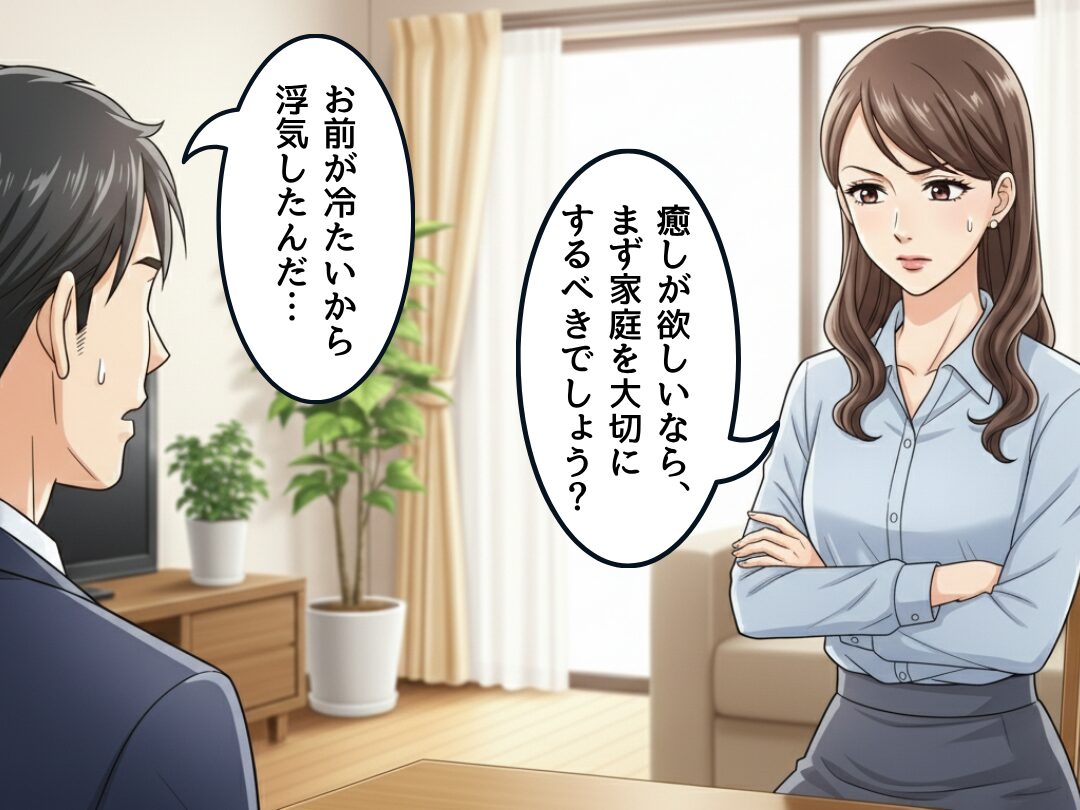 「お前が冷たいから浮気した！」責任転嫁で悪びれない夫。しかし『癒しが欲しいなら…』鋭すぎる“妻の反論”に完敗！？