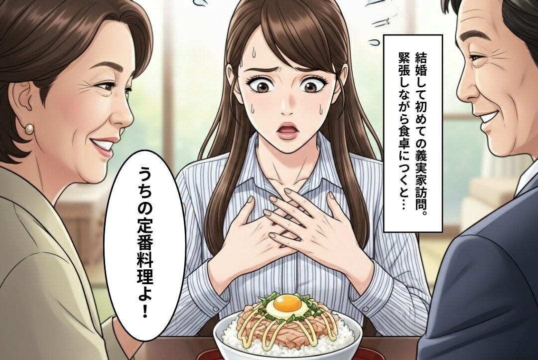 「うちの定番料理よ」ドカン！と出された“謎丼”に凍りつく嫁。必死に完食するも⇒夫の【まさかの一言】で頭が真っ白！？