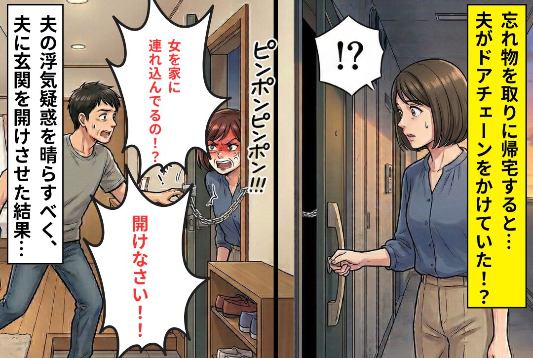 帰宅すると…夫が“ドアチェーン”をかけている？⇒不審に思った妻だが…【浴室】で目にした光景に凍りつく！？