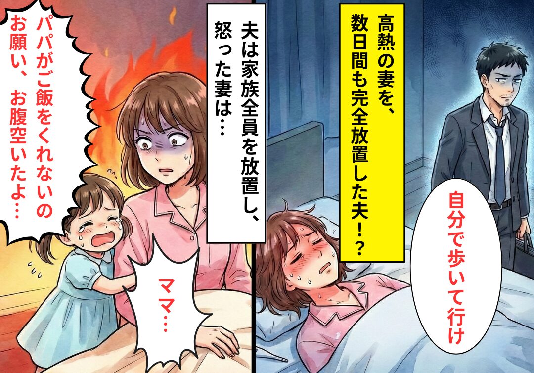 高熱の妻を【数日間】放置した夫！？さらに…娘「ママ、お腹空いたよ…」夫は娘にも食事を与えず…