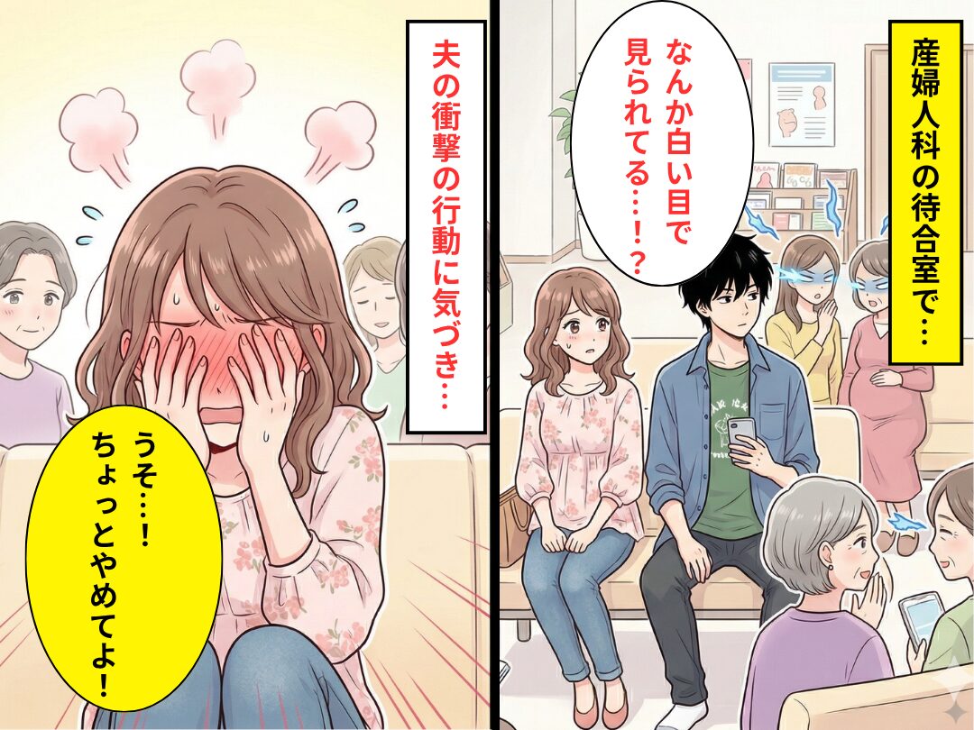 産婦人科の待合室で…“白い目”で見られている夫！？⇒「うそ…！ちょっとやめてよ！」そのワケに気づき妻は赤面！？