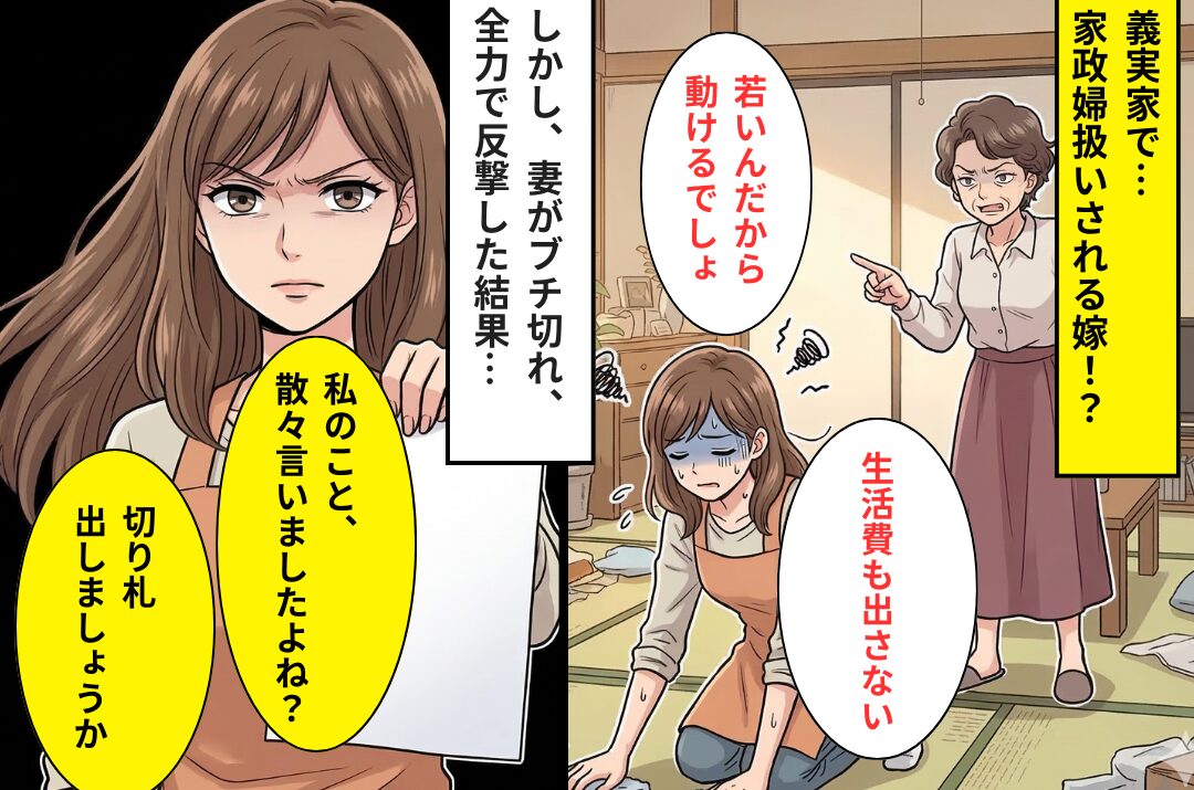 義実家で“家政婦扱い”される嫁。さらに「生活費も出さない」⇒義母の嘘に、キレた嫁が【全力で反撃】した結果！？