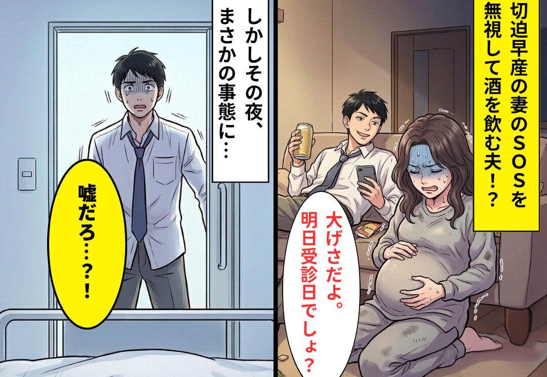 切迫早産の妻の【SOS】を無視し“酒を飲む”夫！？しかしその夜⇒まさかの事態に…夫「嘘だろ…？」