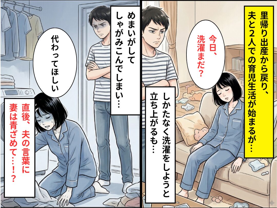 産後の貧血でしゃがみ込む妻…夫「産み終わったんだから要領よく動け！」後日⇒助産師の一言で【ある事実】に気づき真っ青！？