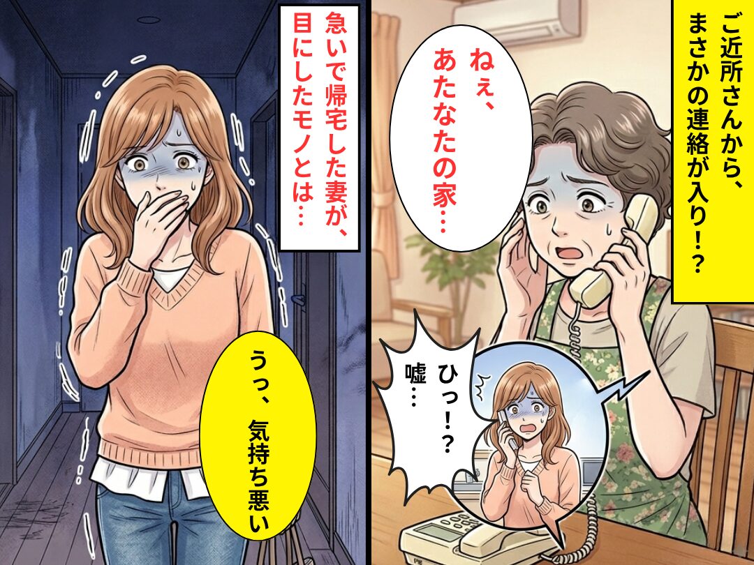 ご近所さん「ねぇ、あなたの家…」まさかの一報に急いで帰宅！⇒自宅の中で“見たモノ”に…妻「うっ、気持ち悪い」