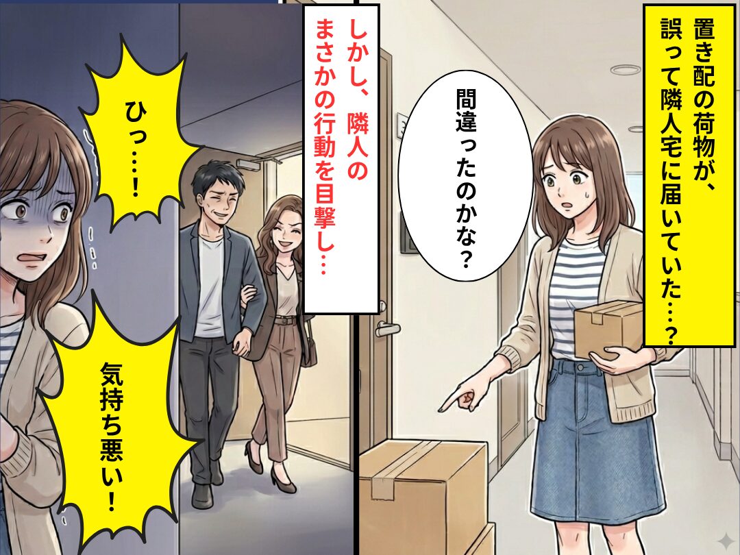 置き配の荷物が、誤って隣人宅の前に？⇒「ひっ…！気持ち悪い」隣人の“ある行動”を見てしまい…震えが止まらない！？