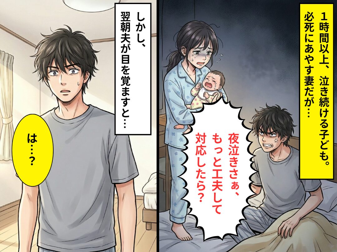「夜泣きさぁ、もっと工夫して対応したら？」産後の妻を追い込んだ夫。翌朝⇒目覚めた夫が“目にした光景”に「は…？」
