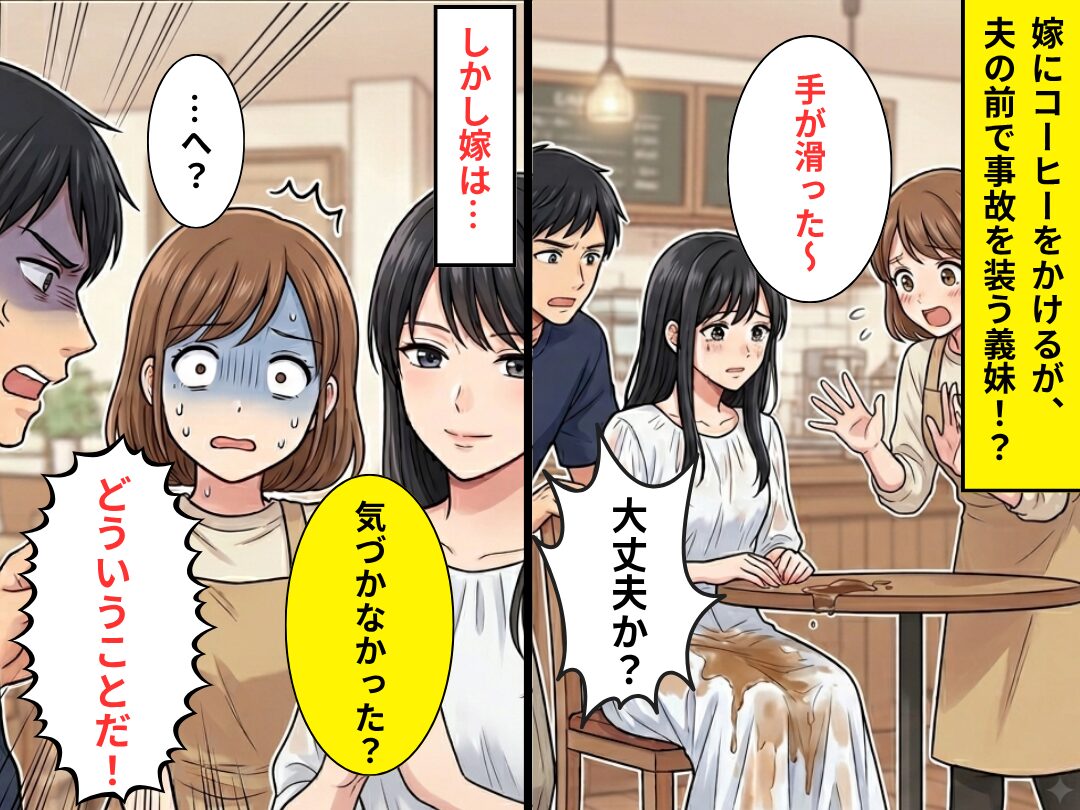 嫁にコーヒーをかけ…事故を装う義妹！？しかし⇒嫁「気づかなかった？」テーブル下の仕掛けに「…へ？」