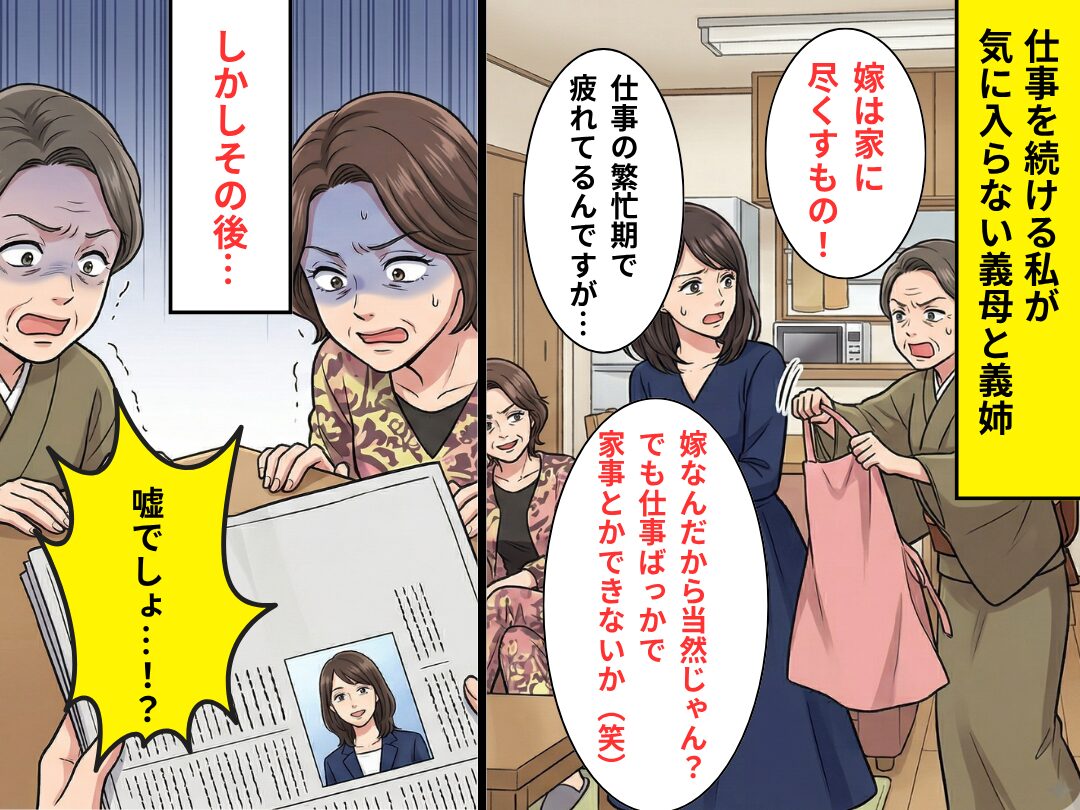 義家族「嫁は家に尽くすもの」仕事を続ける嫁を見下すが⇒新聞を見て「嘘でしょ…！？」屈辱を味わうことに！？
