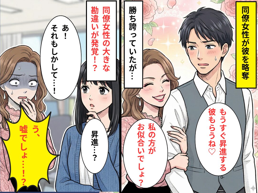「もうすぐ昇進の彼もらう♡」彼を略奪した同僚女。しかし⇒「昇進？それ、もしかして…」私の言葉で、同僚女は真っ青に！？