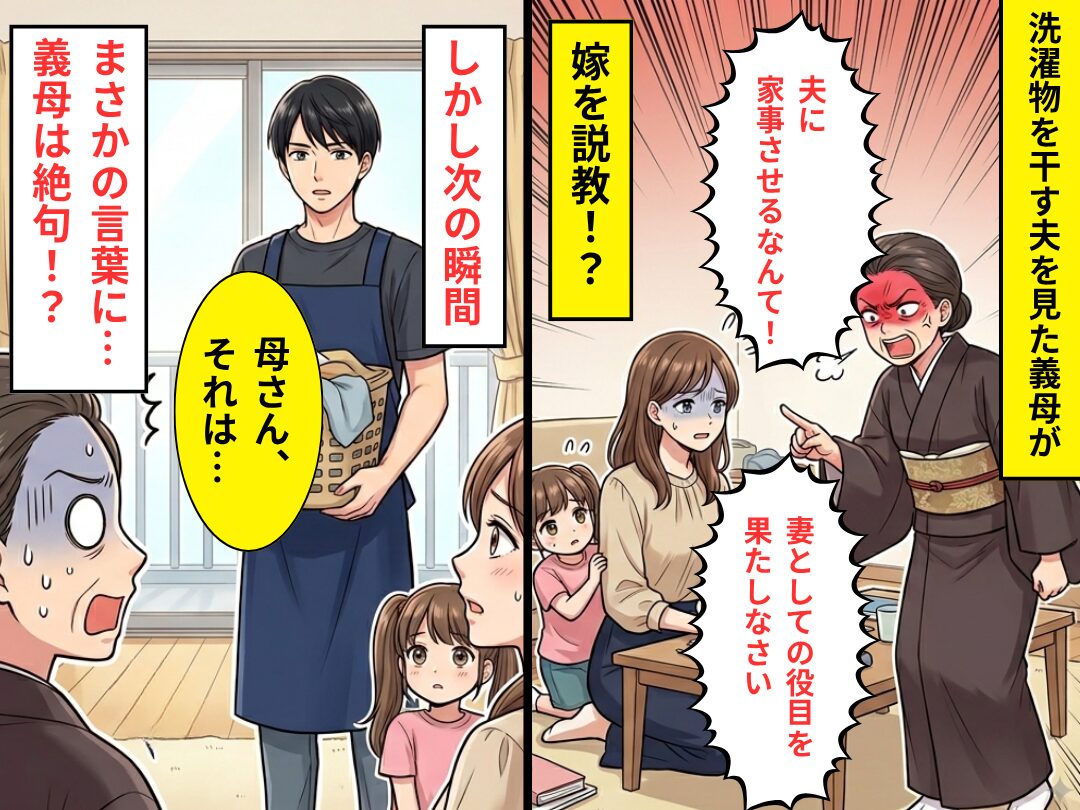 「夫に家事させるなんて！」嫁を悪役に仕立て上げる義母。だが次の瞬間⇒夫が冷静に口を開き…その【結果】！？