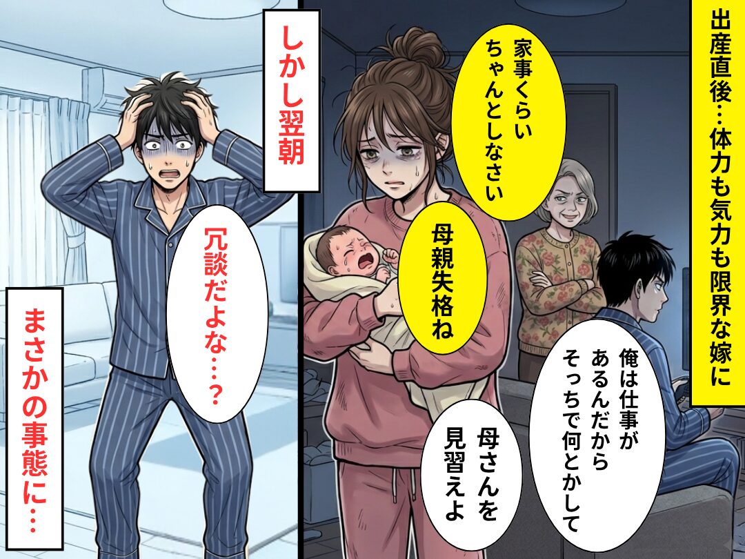 痛みを訴える産後の嫁を…“義母と一緒に罵り”放置した夫。だが翌朝⇒「冗談だよな…？」まさかの事態を招いた話