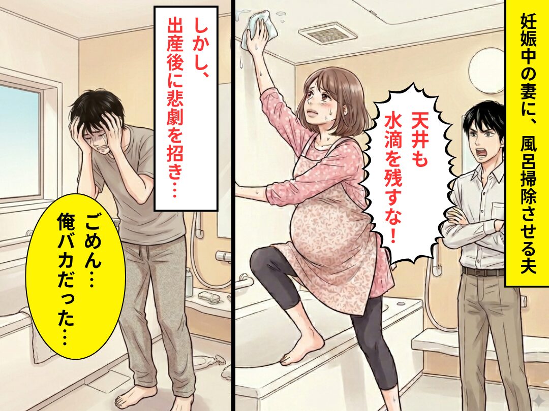 妊娠中の妻に“風呂掃除”させる夫「天井も水滴を残すな！」しかし出産後⇒悲劇を招き「ごめん…俺バカだった…」