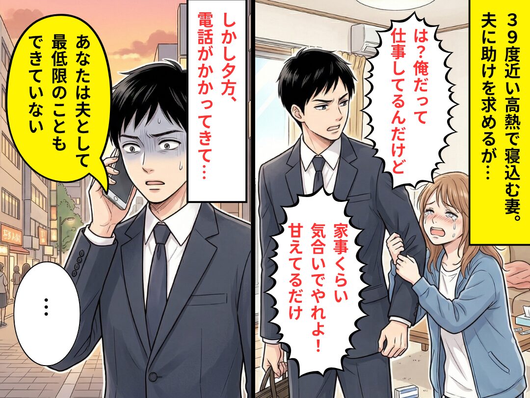 【39℃】で動けない妻を「甘えているだけ」と突き放した夫。しかし夕方⇒まさかの電話に「…」夫が言葉を失ったワケ