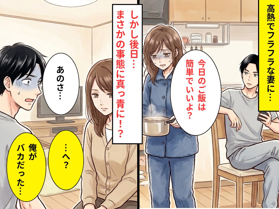 【高熱】でフラフラの妻に、夫「ご飯簡単でいいよ？」しかし後日⇒妻「あのさ…」夫「へ…？俺がバカだった」