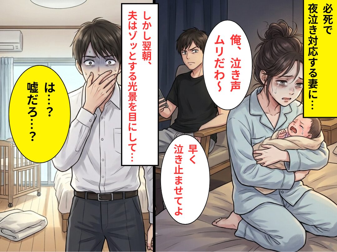 夜泣き対応する妻に…夫「俺、泣き声ムリだわ～早く泣き止ませてよ」翌朝⇒“ゾッとする光景”を目にし「は…？嘘だろ…？」