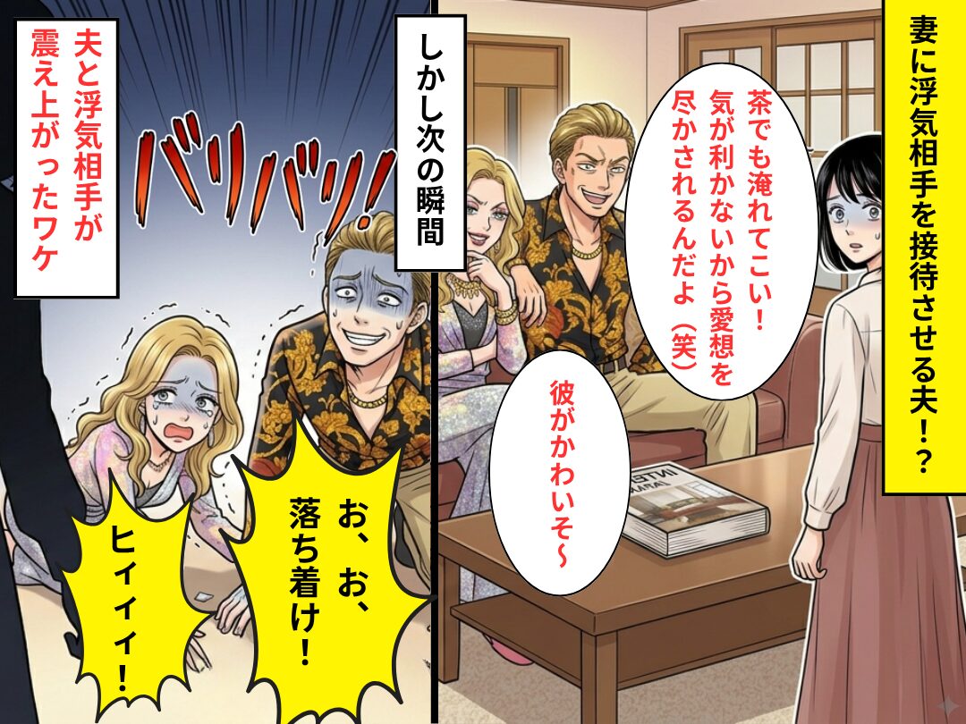 妻を見下し“浮気相手へのおもてなし”を求める夫だが『バリバリッ！』⇒妻のうっ憤が大爆発！？その【結果】