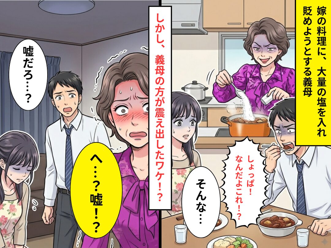 嫁の料理に【大量の塩】を入れ、貶めようとする義母。しかし⇒「へ…？嘘！？」義母の方が震え出したワケ