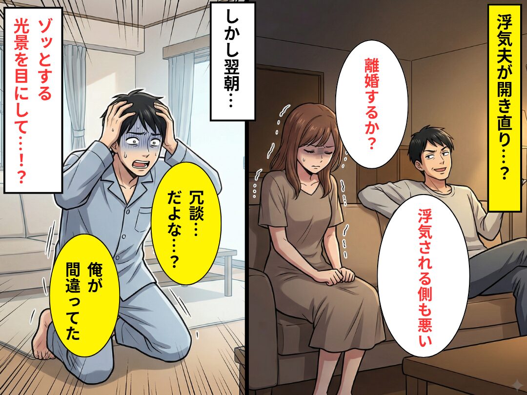 「サレる側も問題あるだろ（笑）」浮気夫が開き直り！？しかし翌朝⇒「冗談…だよな…？」“血の気が引く光景”を目にした話
