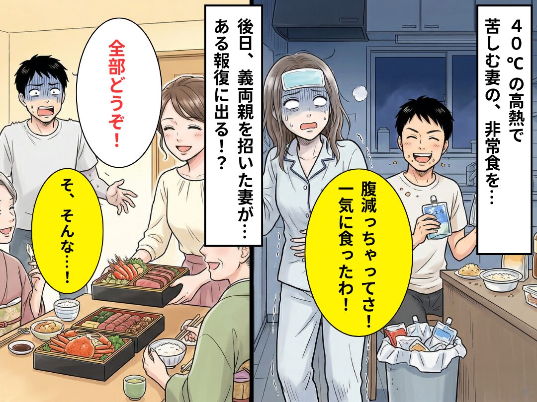高熱で寝込む妻の【ゼリーやお粥】を食い尽くした夫！？しかし⇒妻からの“衝撃の報復”に…夫「そ、そんな…」