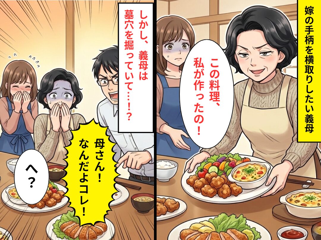 嫁の手柄を横取りし…義母「この料理私が作ったの！」しかし⇒夫「母さん！なんだよコレ！」義母は墓穴を掘っていて「へ？」