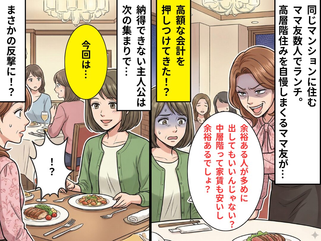 高額会計を押しつけるママ友「中層階は余裕あるでしょ？（笑）」だが後日⇒【現実】を突きつけられ…ママ友が絶句！？
