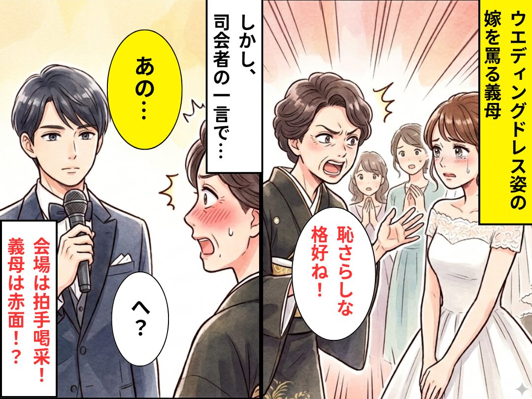 ウエディングドレスの嫁に…義母「恥さらしな格好！」しかし⇒司会者が伝えた【ある事実】に…義母「へ？」