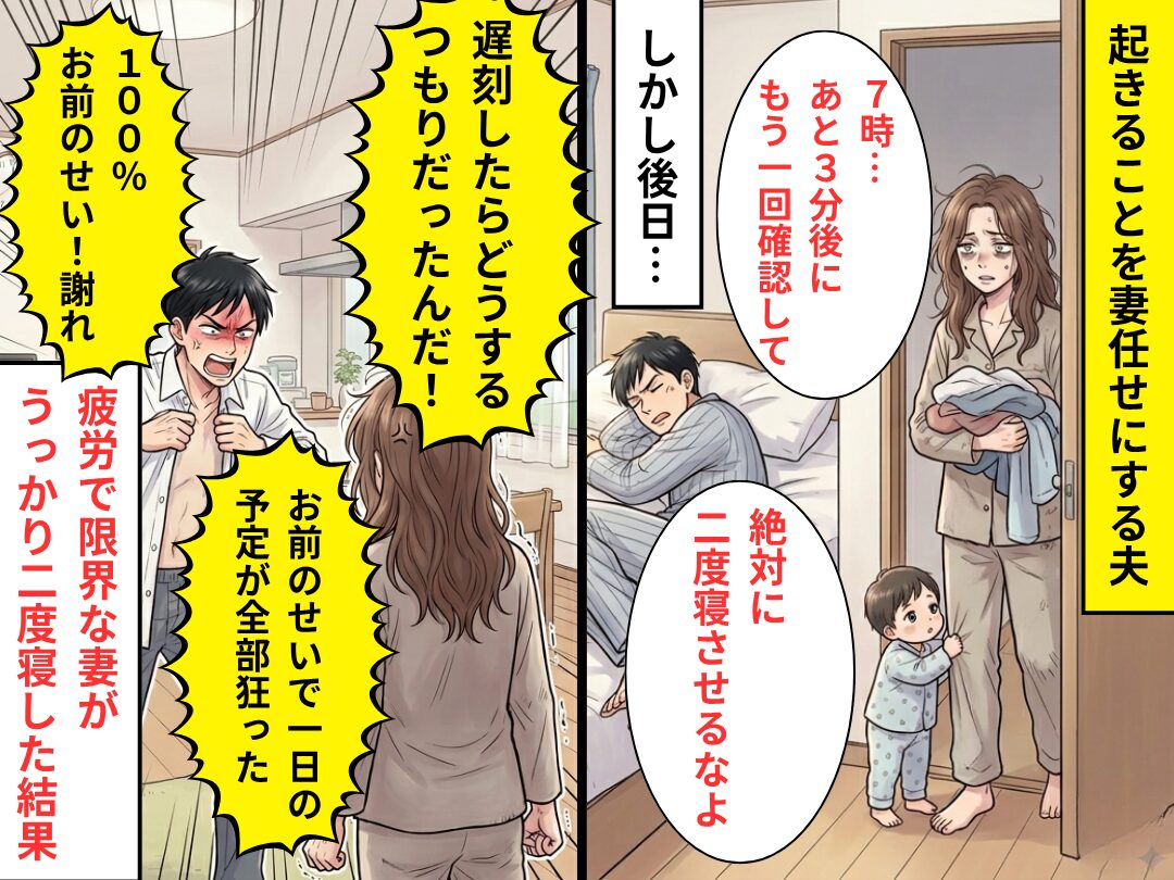 自分で起きられない夫が“妻の二度寝”に激怒！？「100％お前のせい！謝れ」⇒【結果】妻が下した決断に…夫「は？待て！？」