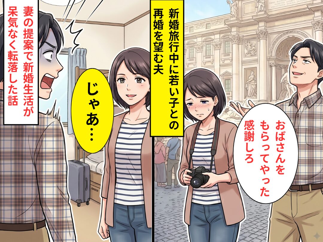 新婚旅行中に…「もらってやったんだから感謝しろ」若い子との再婚を望む夫！？直後⇒「じゃあ…」妻の提案で呆気なく転落した話