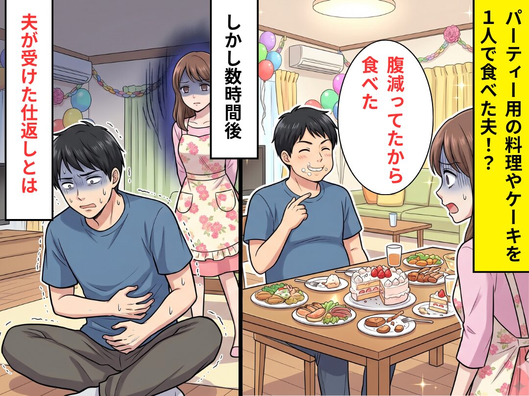 パーティー用の料理やケーキを…1人で食べた夫！？しかし数時間後⇒夫に”ことの重大さ”をわからせた妻の手痛い【仕返し】