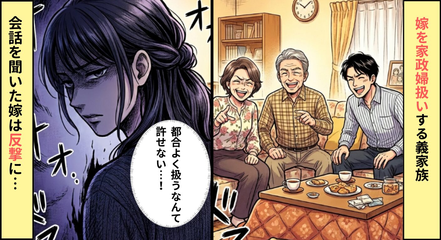 「うちの嫁は家政婦みたい笑」”夫すらも”嫁を嘲笑う義家族。しかし⇒嫁は会話を聞いていて…【反撃】に出た！？