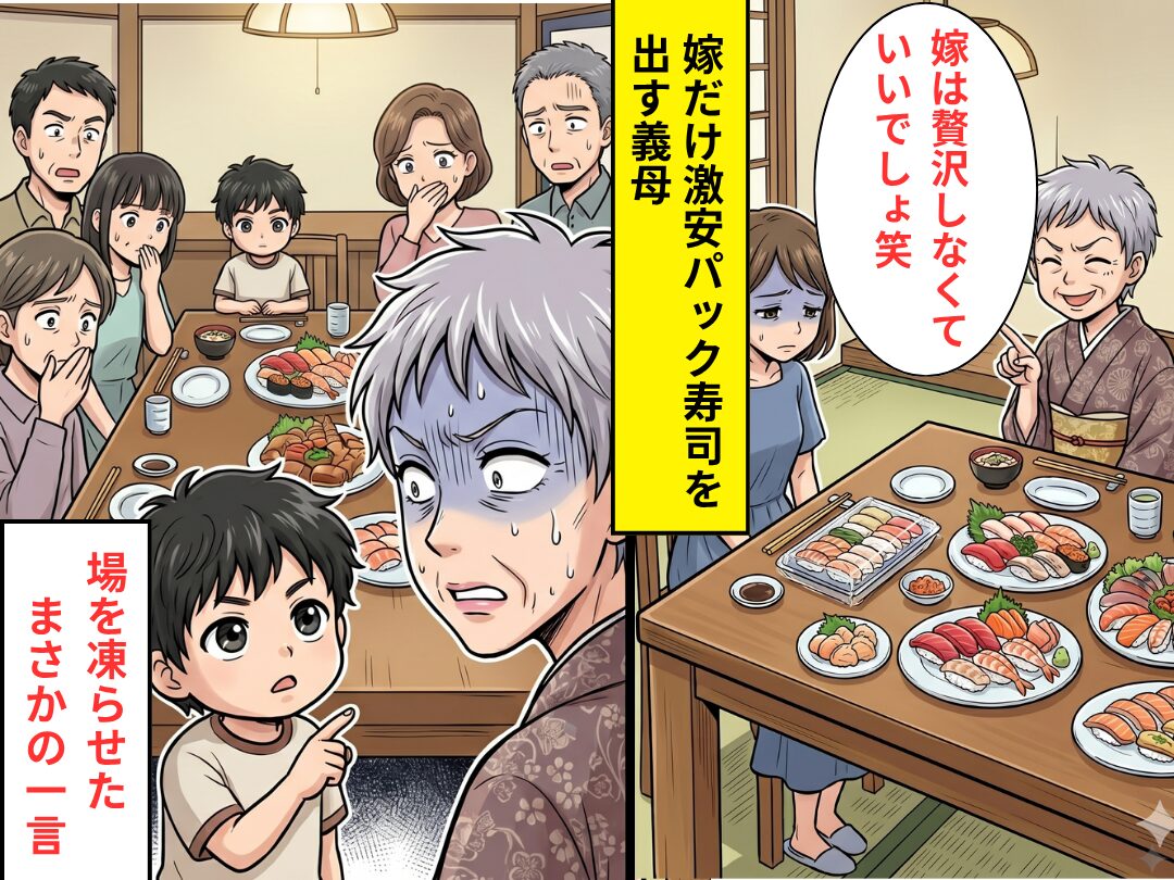 義実家での夕食で…”嫁だけ”激安パック寿司！？「贅沢しなくていい笑」バカにする義母だが⇒息子の【ある一言】で空気が凍った話