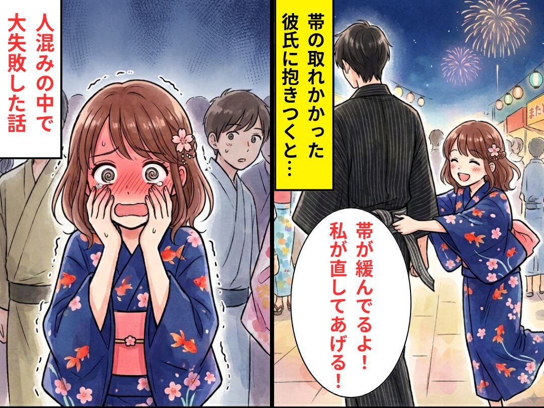 花火大会での浴衣デートで…帯の取れかかった彼氏に抱きつくと⇒「えっ、あ…」人混みの中で【大失敗】した話