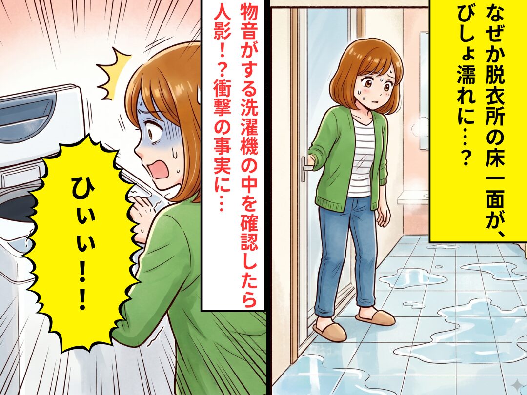 なぜか脱衣所の床一面、びしょ濡れ…？すると⇒洗濯機の中に人影！？確認した結果「ひぃぃ！！」