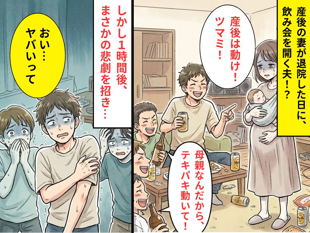 「産後は動け！ツマミ！」退院日に飲み会を開いた夫！？しかし1時間後⇒「おい…ヤバいって」夫と友人たちが真っ青のワケ