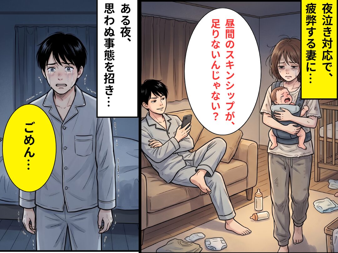 夜泣きで疲弊する妻に…夫「昼間のスキンシップが足りてない」ある夜⇒「ごめん…」思わぬ事態を招き、深く後悔した話
