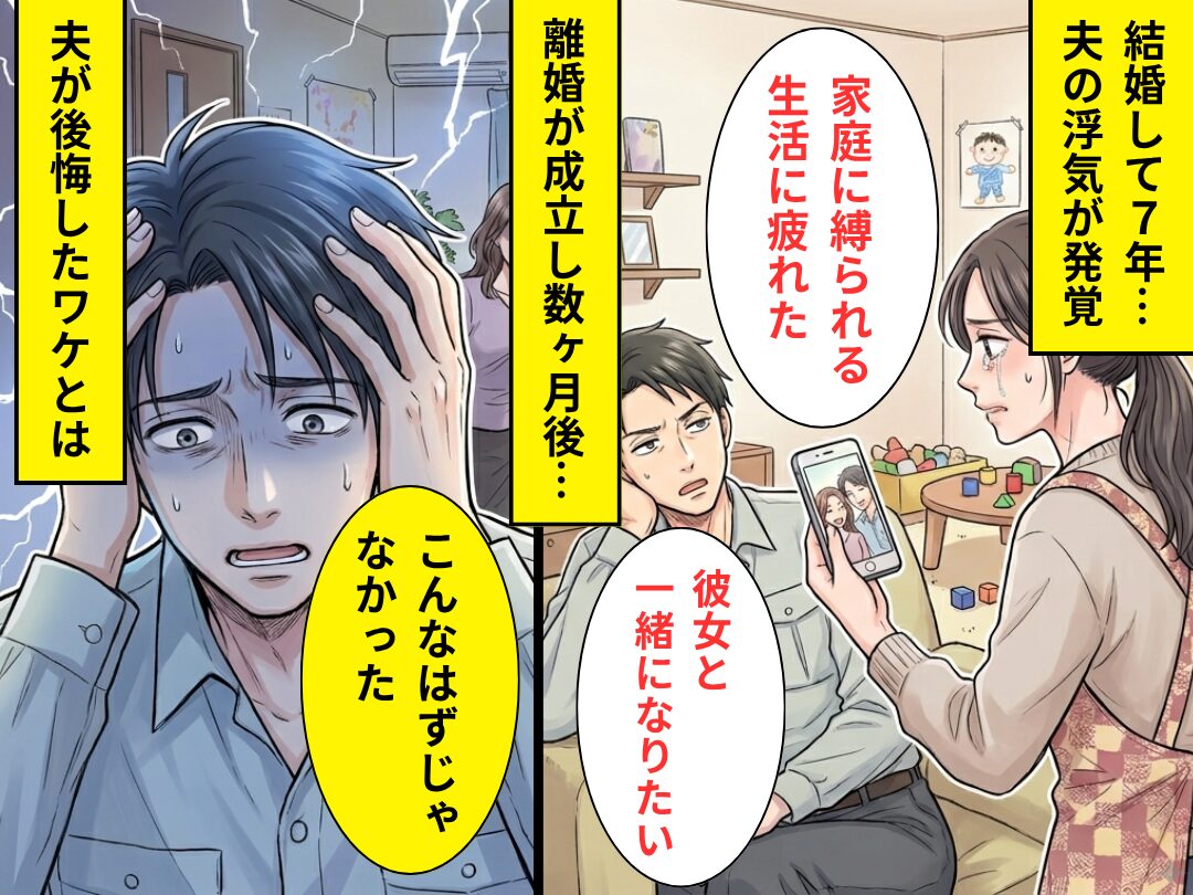 「家庭に縛られる生活に疲れた」浮気を開き直る夫。しかし離婚後⇒【衝撃の理由】で夫が後悔！？その【結果】