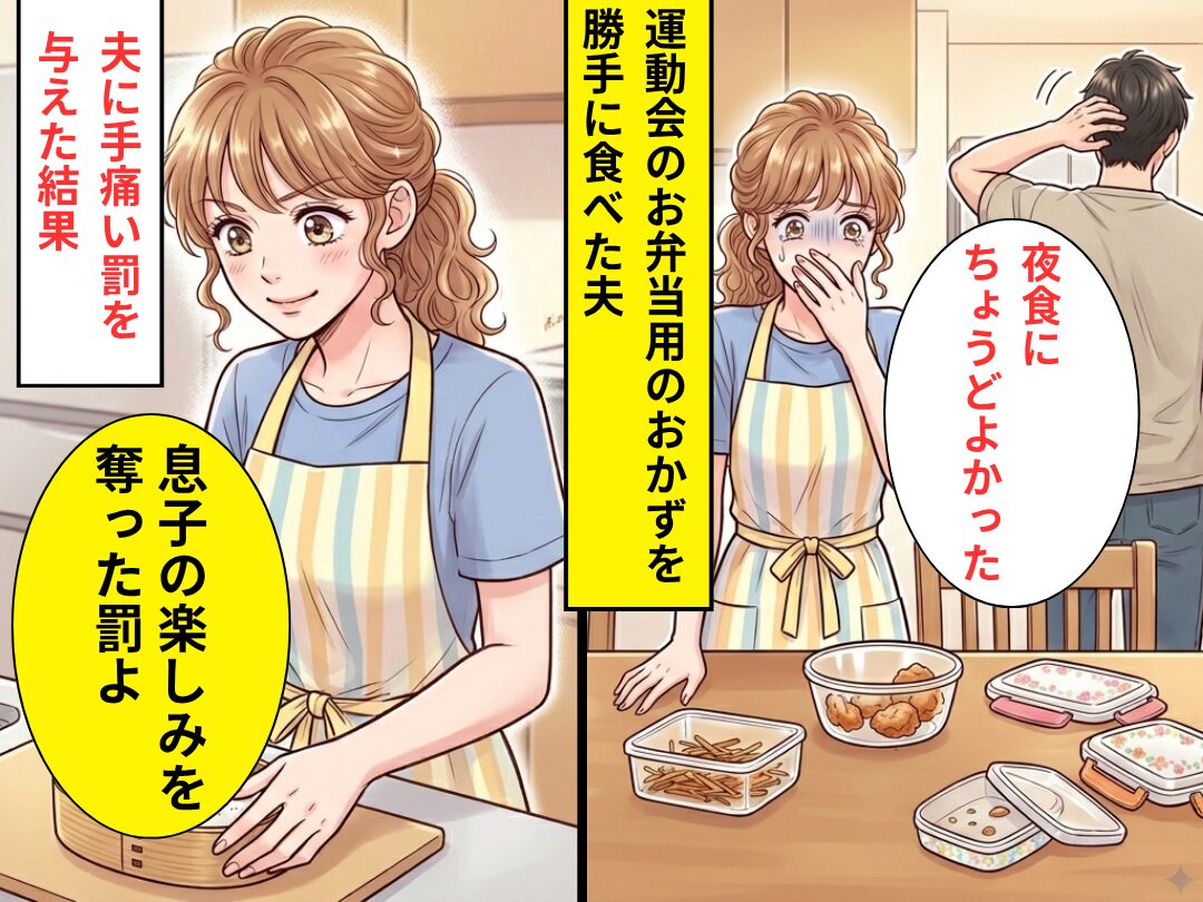 ”運動会のお弁当用”おかずを…「夜食にちょうどいい」勝手に食べていた夫！？しかし翌朝⇒夫に手痛い【罰】を与えた結果