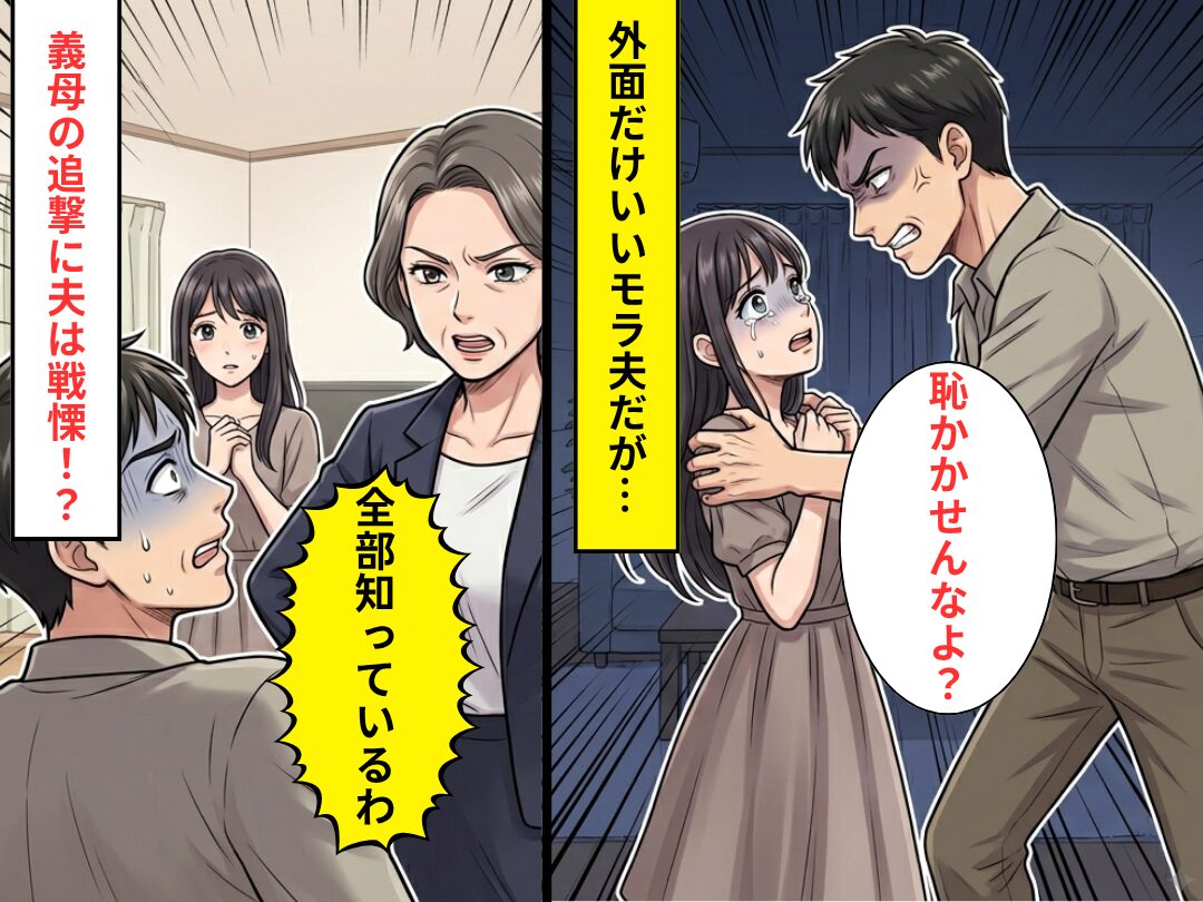 嫁の前でだけ豹変し…「恥かかせんなよ？」外面だけなモラ夫。しかし⇒嫁と手を組んだ義母の【追撃】で夫は青ざめる！？