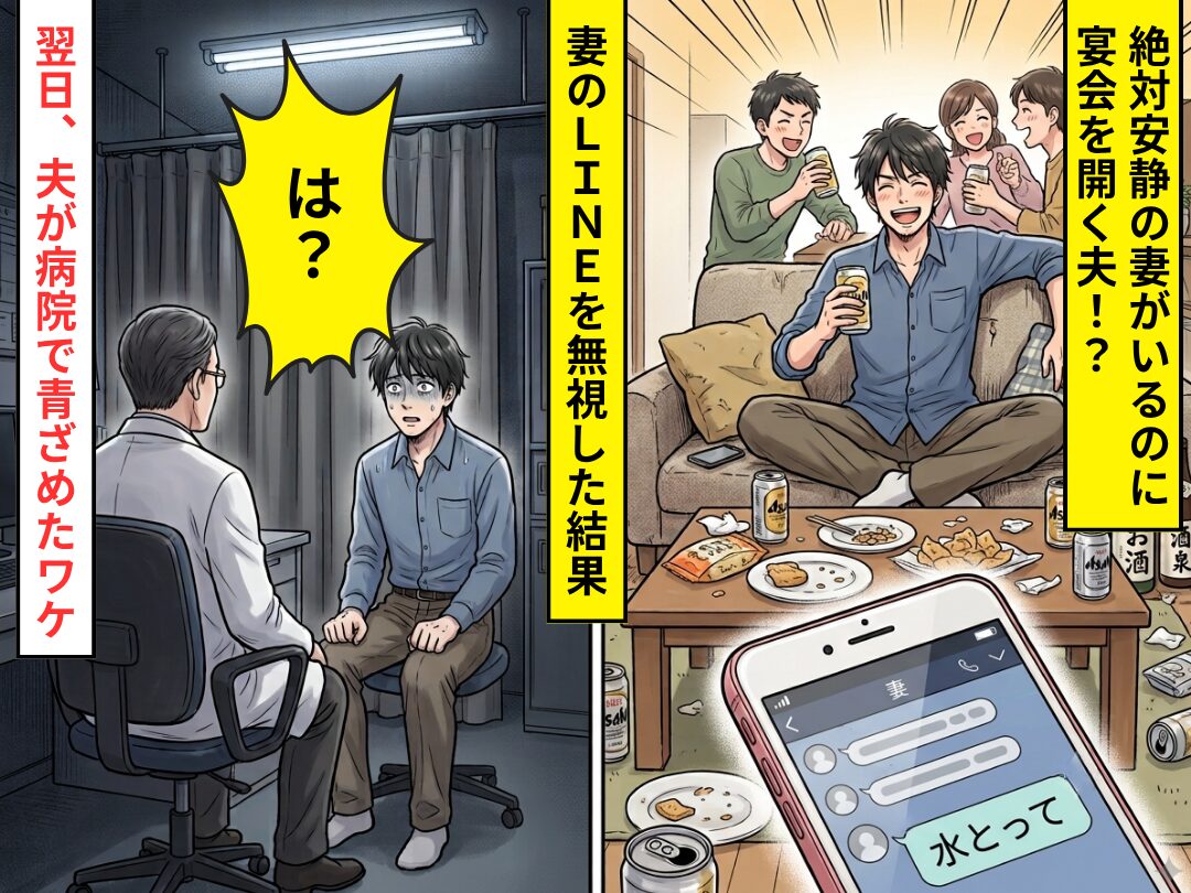 絶対安静の妻がいるのに…宴会を開く夫！？「水とって」のLINEも無視し…翌日⇒「は…？」夫が“病院で”青ざめたワケ
