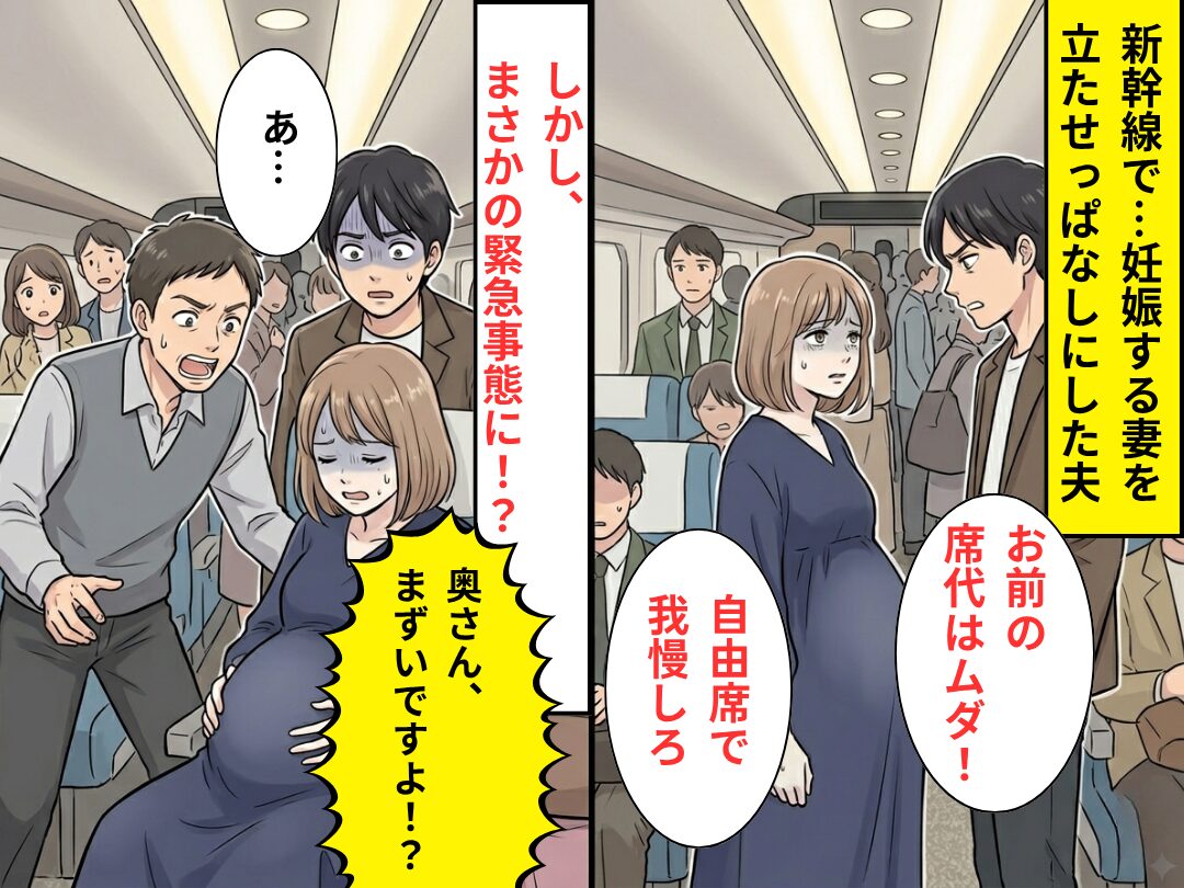 新幹線で…妊娠する妻を“長時間立たせた”夫。しかし⇒「奥さん、まずいですよ！？」緊急事態を招き、夫「あ…」
