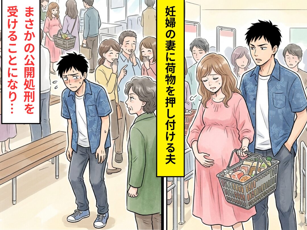 妊婦の妻に…「それ持ってて」重たいカゴを押し付け、自分は座る夫！？しかし直後⇒まさかの【公開処刑】を受けた話