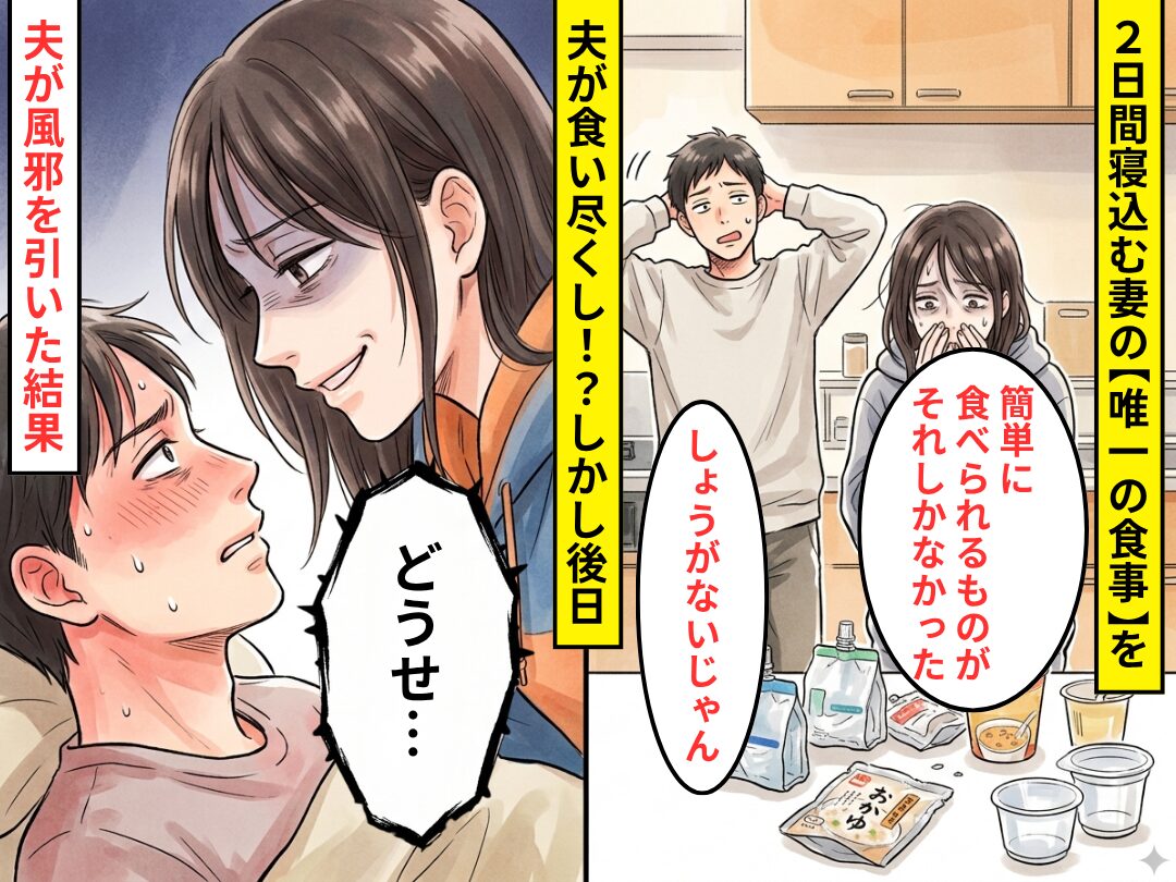 2日間寝込む妻の【唯一の食事】を夫が食い尽くし！？しかし後日⇒夫が風邪を引いた結果…妻は笑顔で「どうせ…」