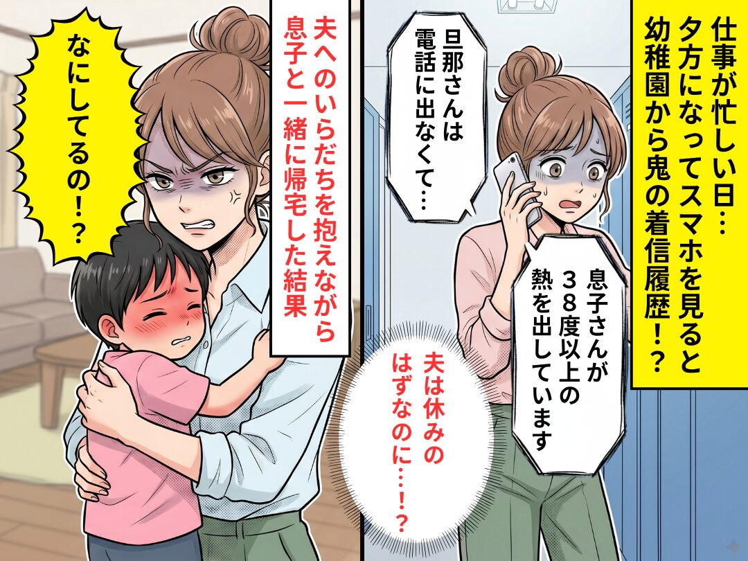 息子が【38.5度】の発熱…だが“休みの夫”は幼稚園の電話を無視？⇒慌てて帰宅すると…妻「なにしてるの！？」