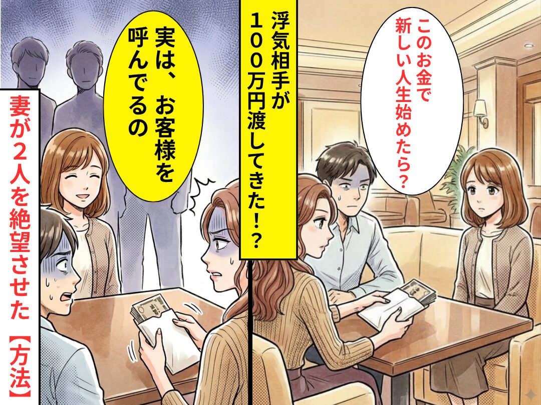 「新しい人生始めたら？」夫の浮気相手から【100万円】手渡された！？だが⇒「お客様を呼んでるの」2人を絶望させた【方法】