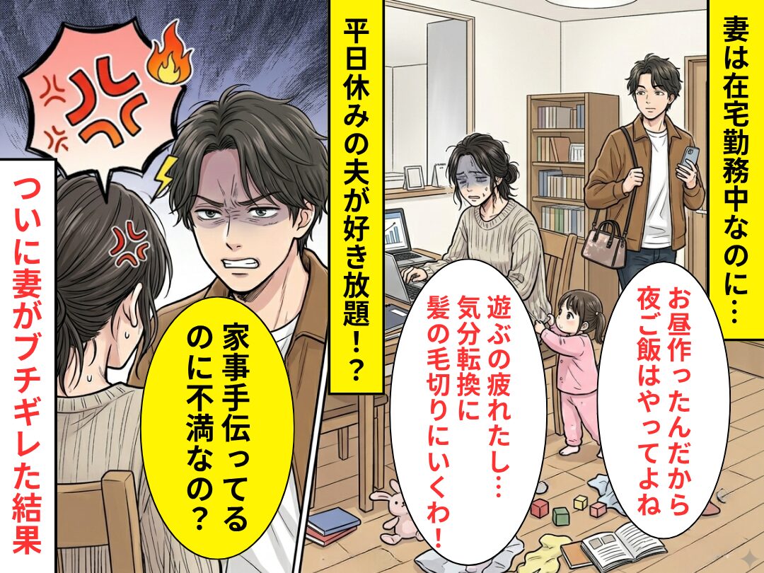 仕事中の妻に…平日休みを謳歌する夫「家事“手伝ってる”のに不満なの？」⇒ついに妻がブチ切れ！？「今すぐ…」