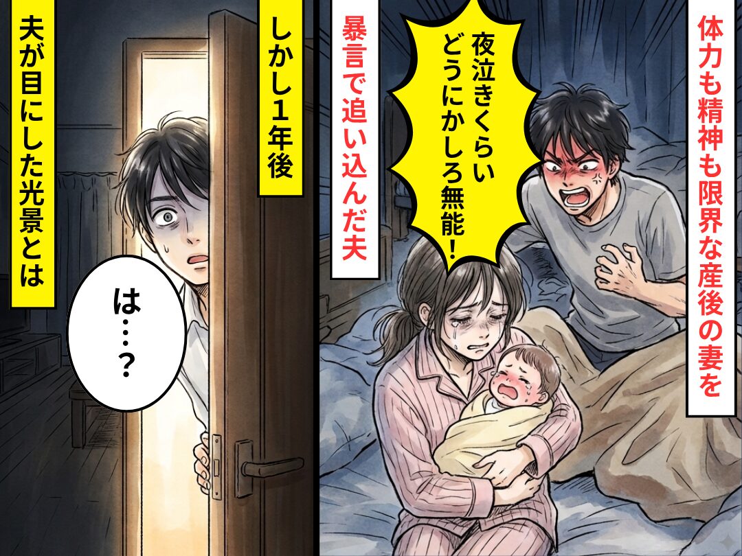 「夜泣きくらいどうにかしろ無能！」産後の妻を追い込む夫。だが1年後⇒夫が“目にした光景”に「は…？」